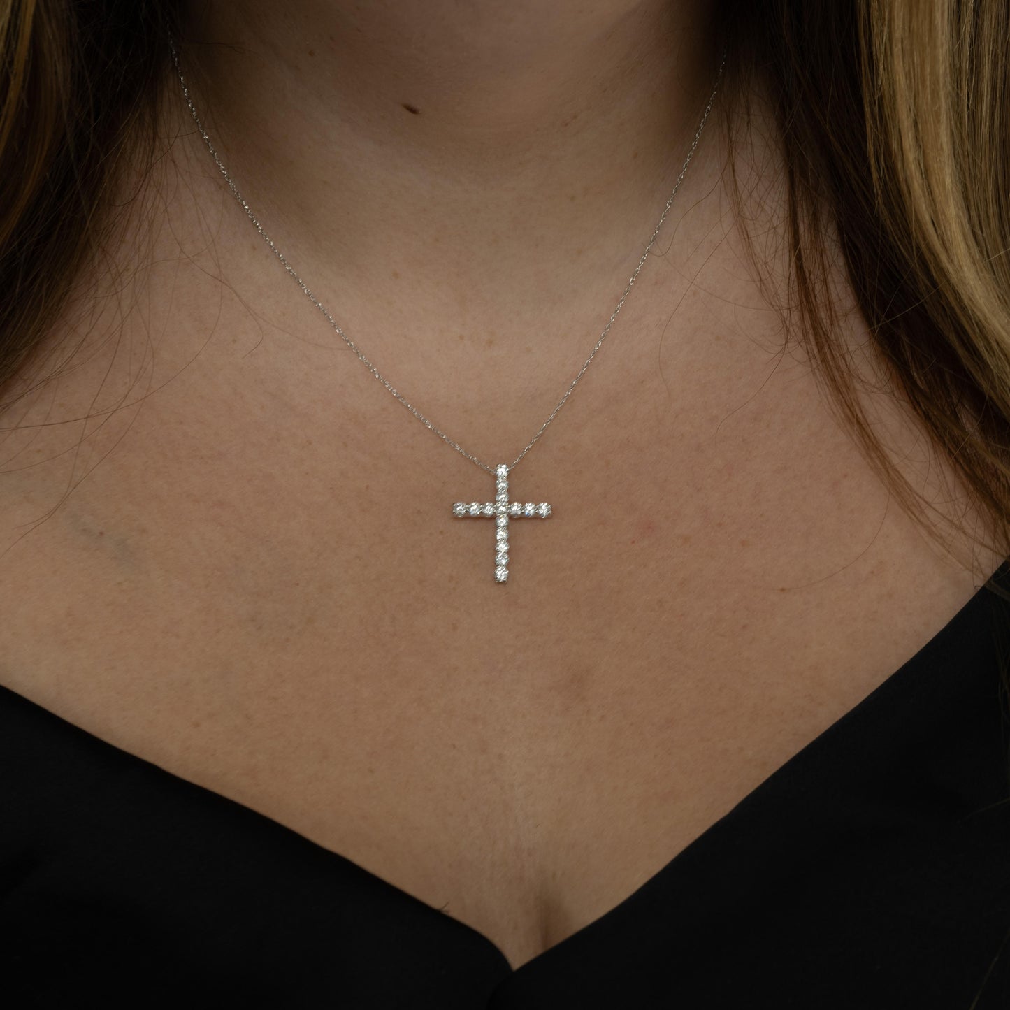 New 1ctw Lab Grown Diamond Cross Pendant w 14K White Gold Chain 18in