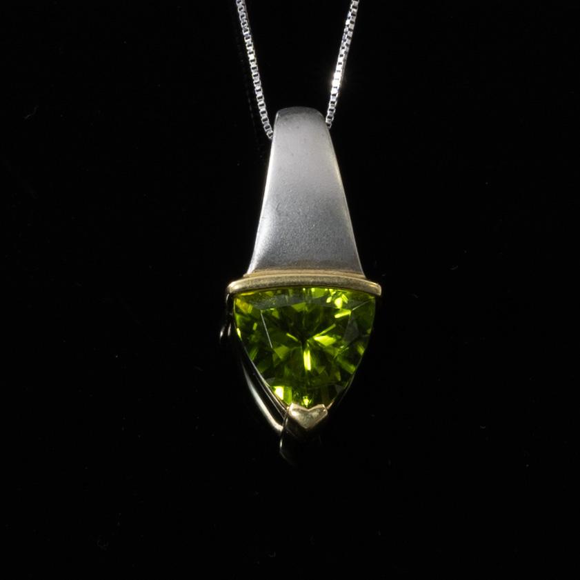 5ct Peridot Triangle 14 and 18k White and Yellow Gold Pendant