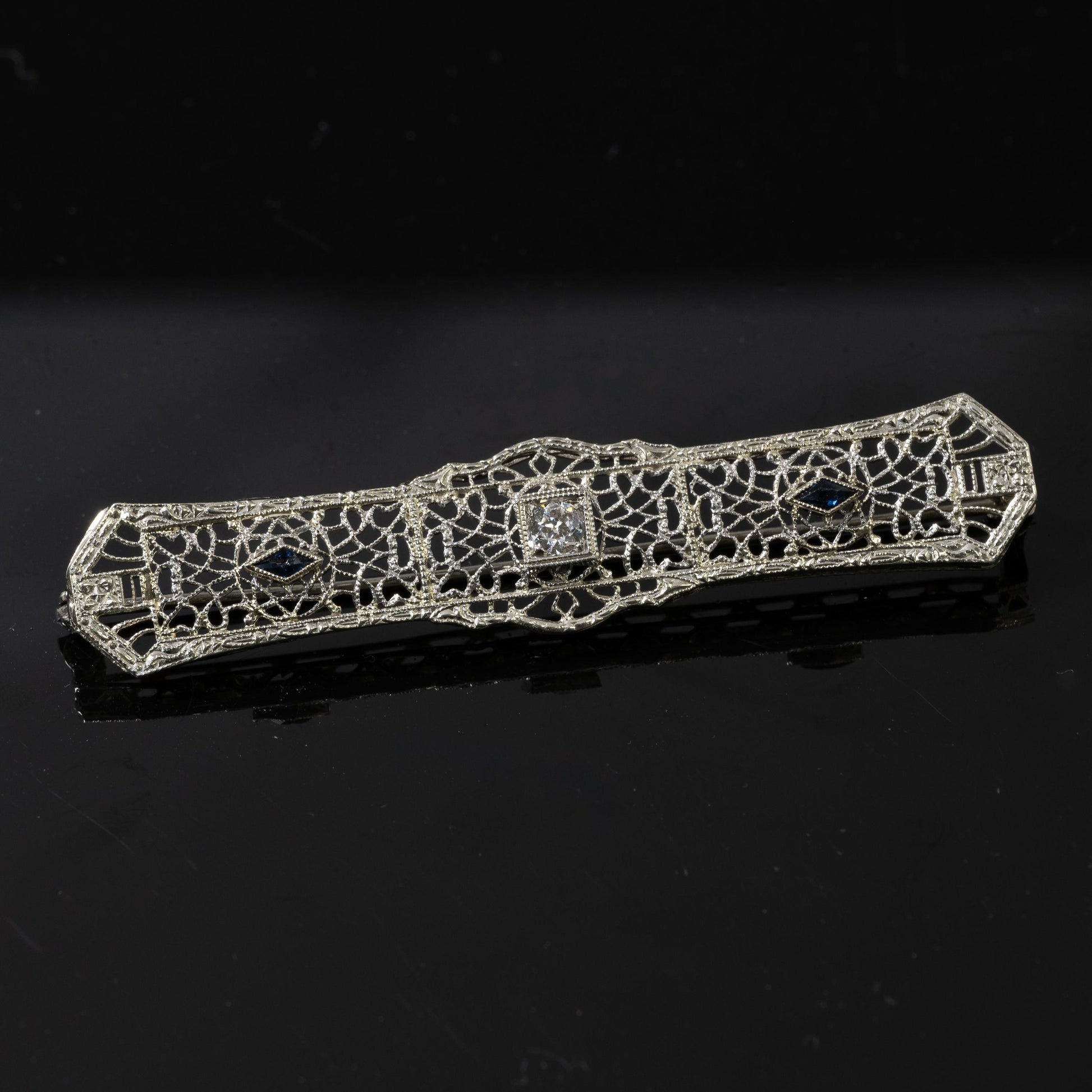 Art Deco Diamond and Sapphire Filigree Brooch in 14k White Gold