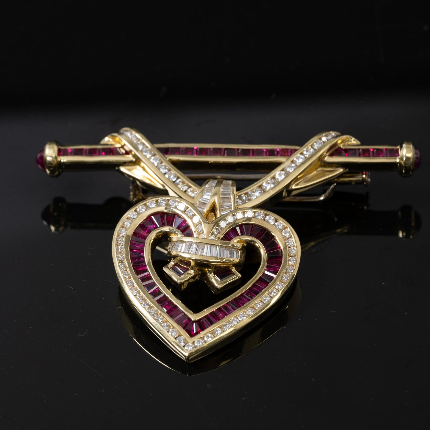 Charles Krypell Ruby & Diamond Heart Pendant/Brooch in 18KT Yellow Gold