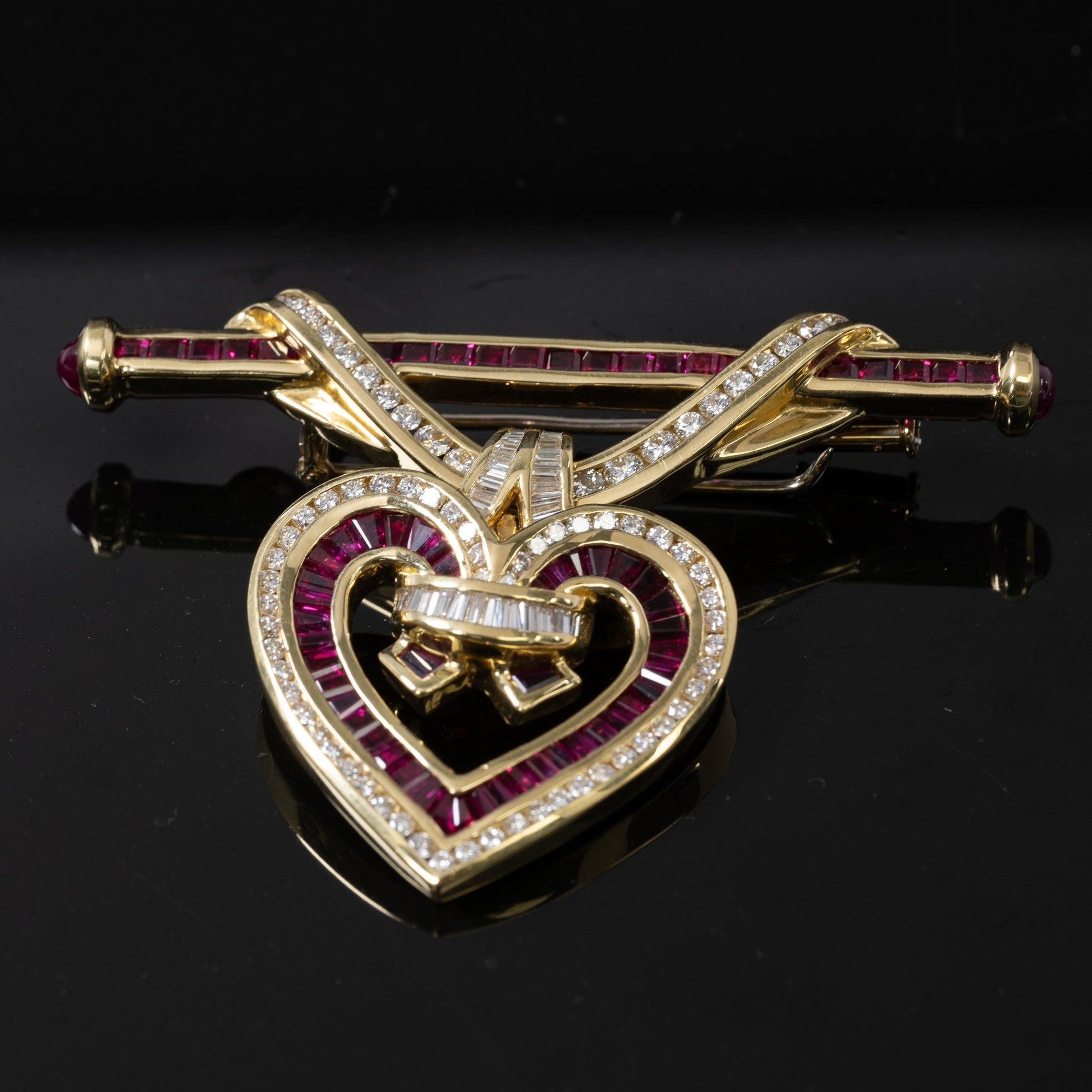 Charles Krypell Ruby & Diamond Heart Pendant/Brooch in 18KT Yellow Gold