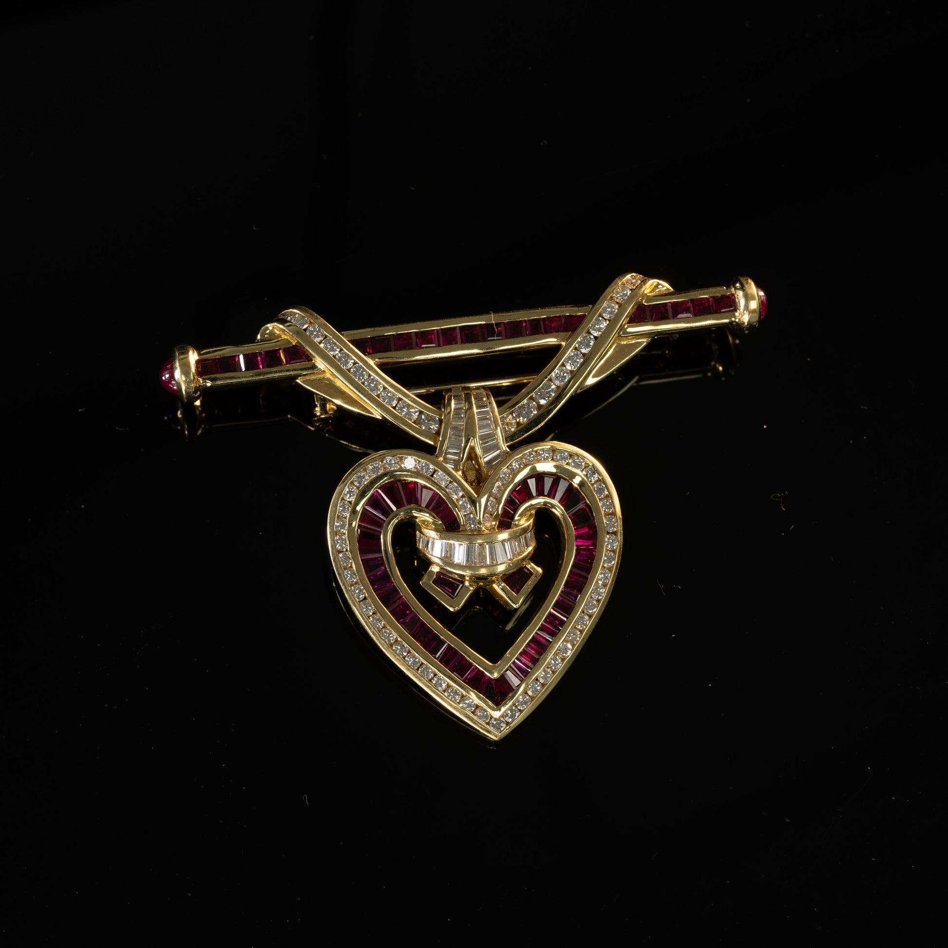 Charles Krypell Ruby & Diamond Heart Pendant/Brooch in 18KT Yellow Gold