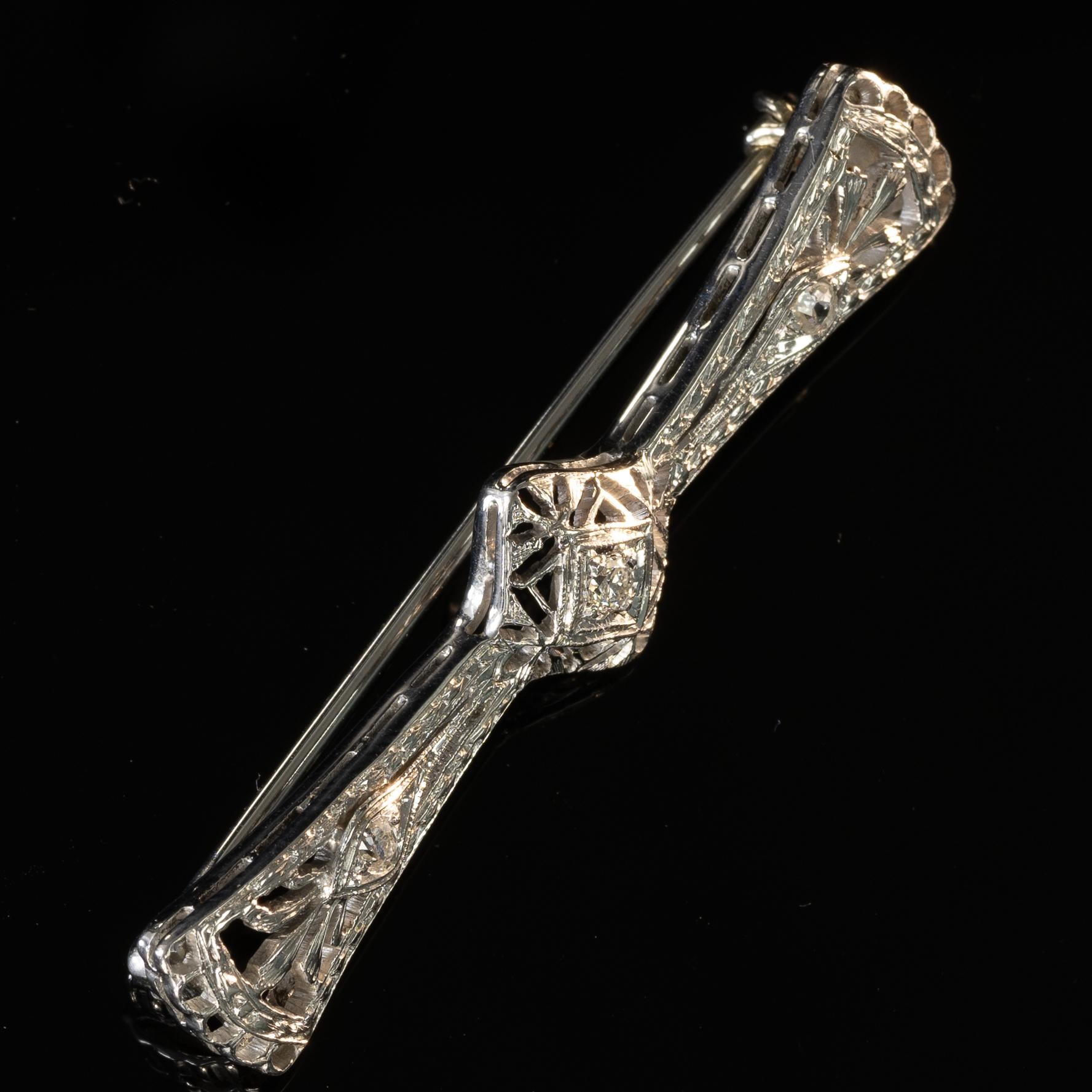 Art Deco Diamond Filigree Brooch in 14k White Gold