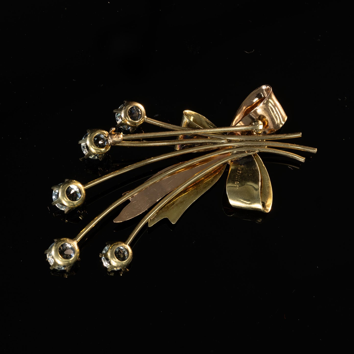 Tiffany Aquamarine Bow Brooch in 14K Rose and Yellow Gold