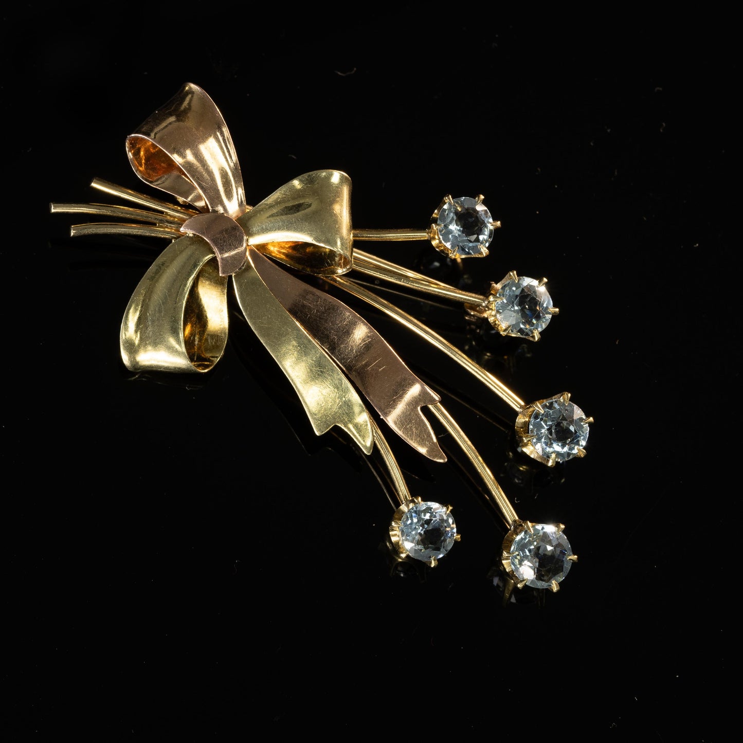 Tiffany Aquamarine Bow Brooch in 14K Rose and Yellow Gold