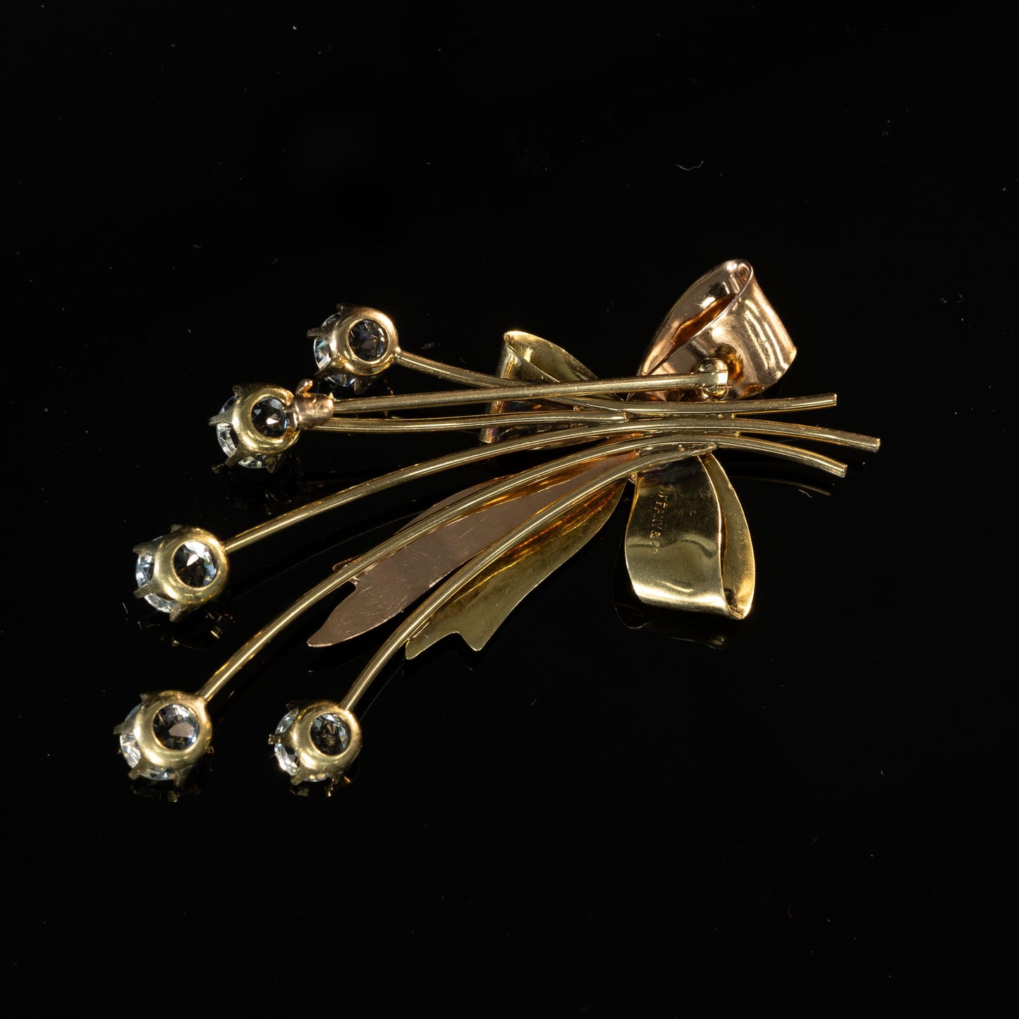 Tiffany Aquamarine Bow Brooch in 14K Rose and Yellow Gold