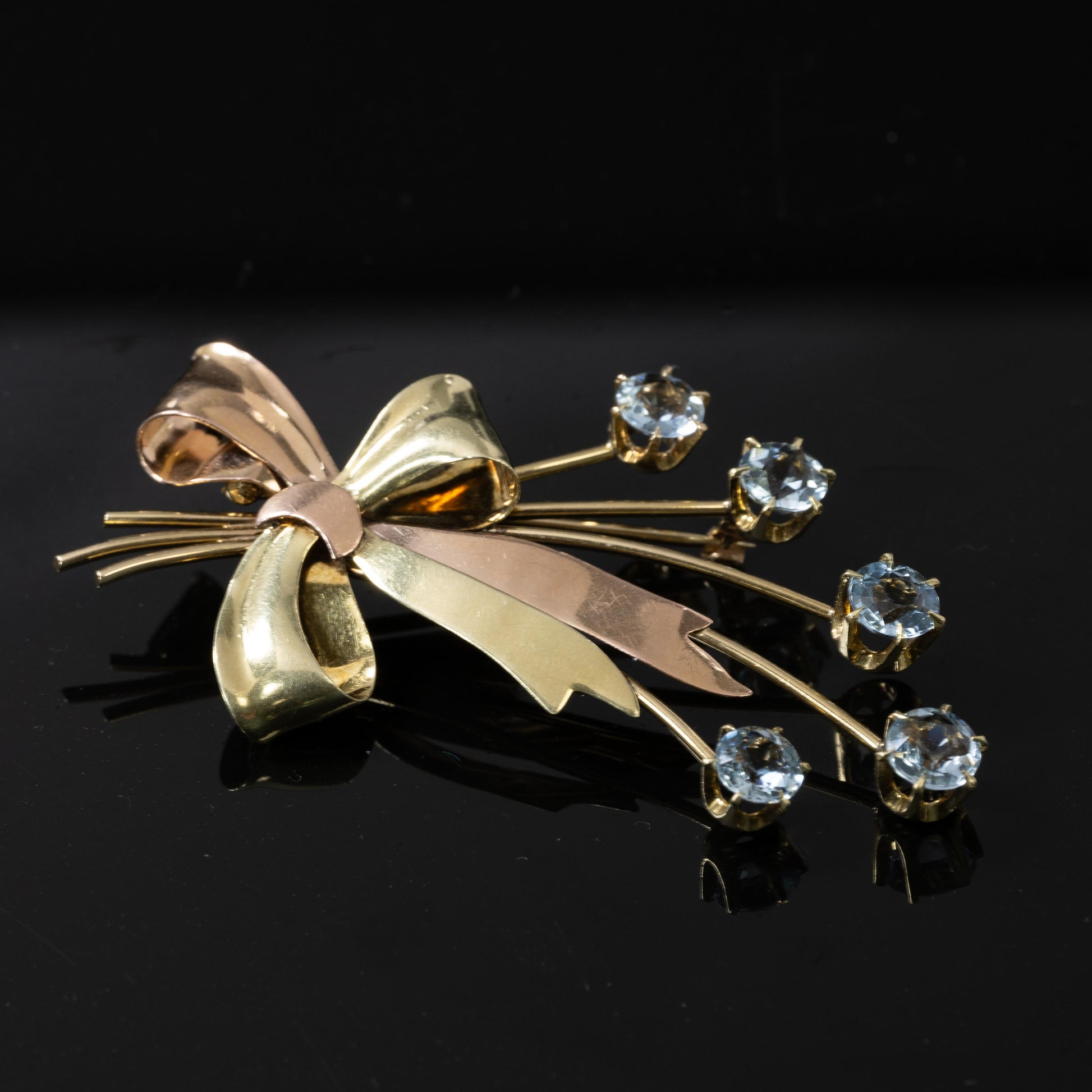 Tiffany Aquamarine Bow Brooch in 14K Rose and Yellow Gold