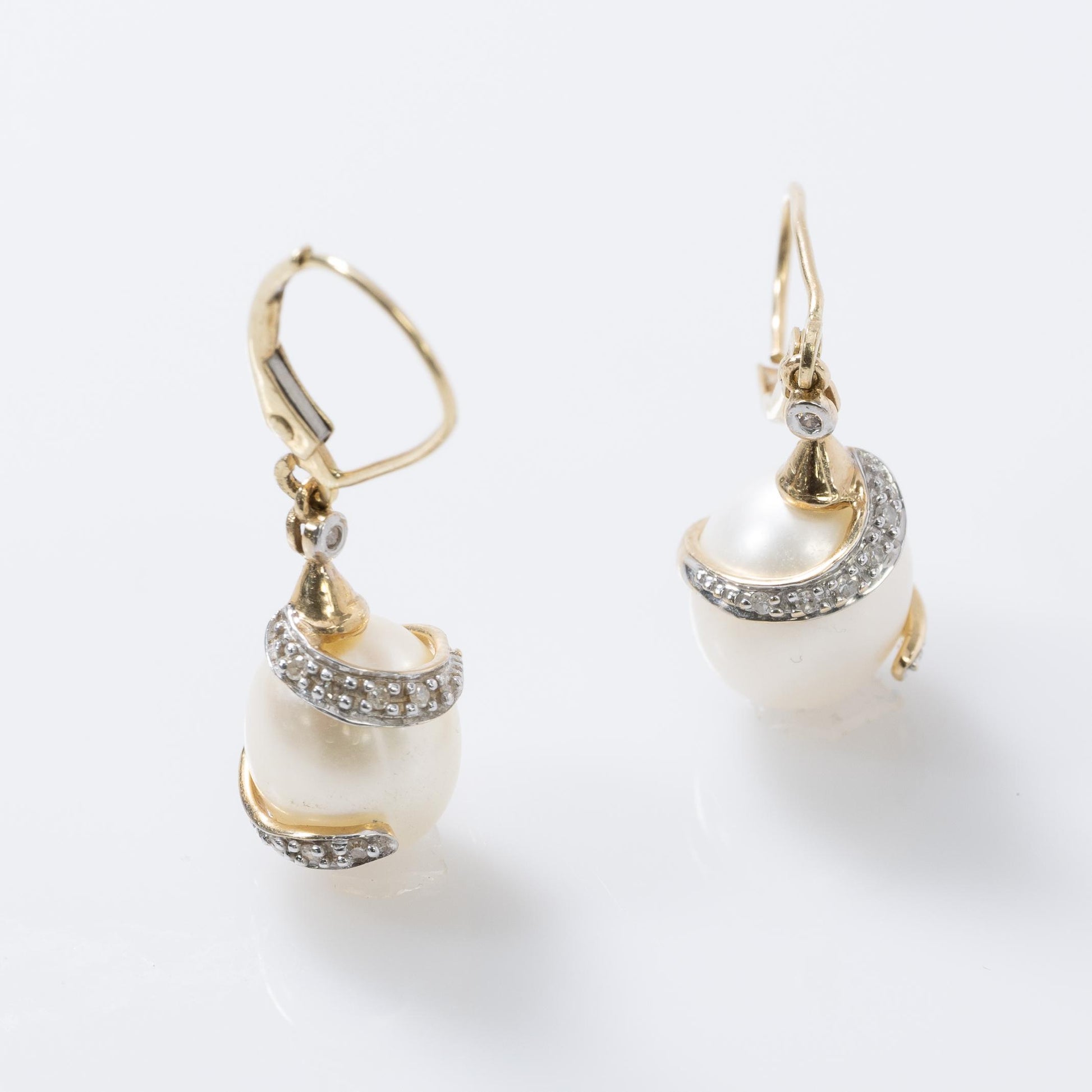 Diamond Wrapped Pearl Dangle Earrings 14K Yellow Gold