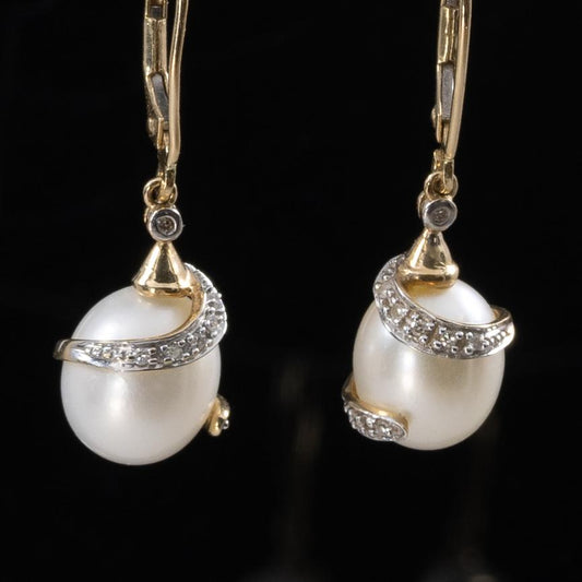 Diamond Wrapped Pearl Dangle Earrings 14K Yellow Gold