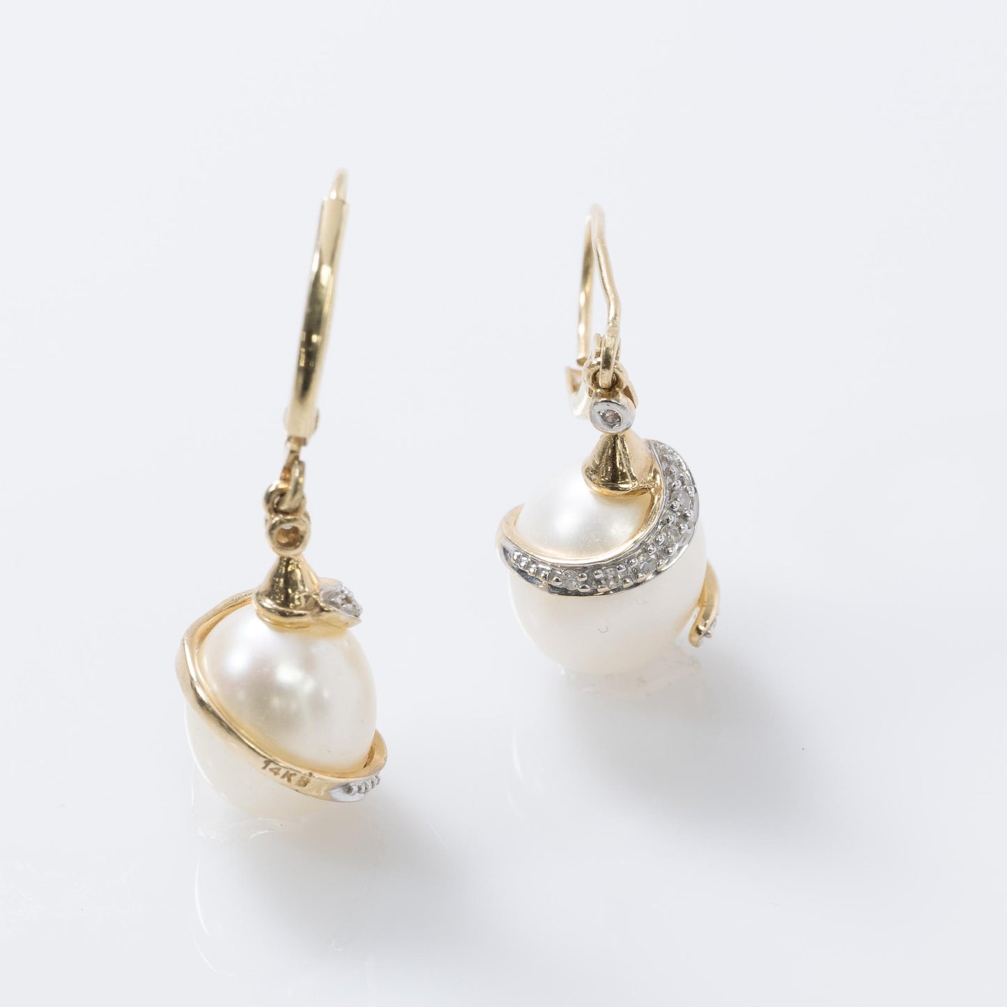 Diamond Wrapped Pearl Dangle Earrings 14K Yellow Gold