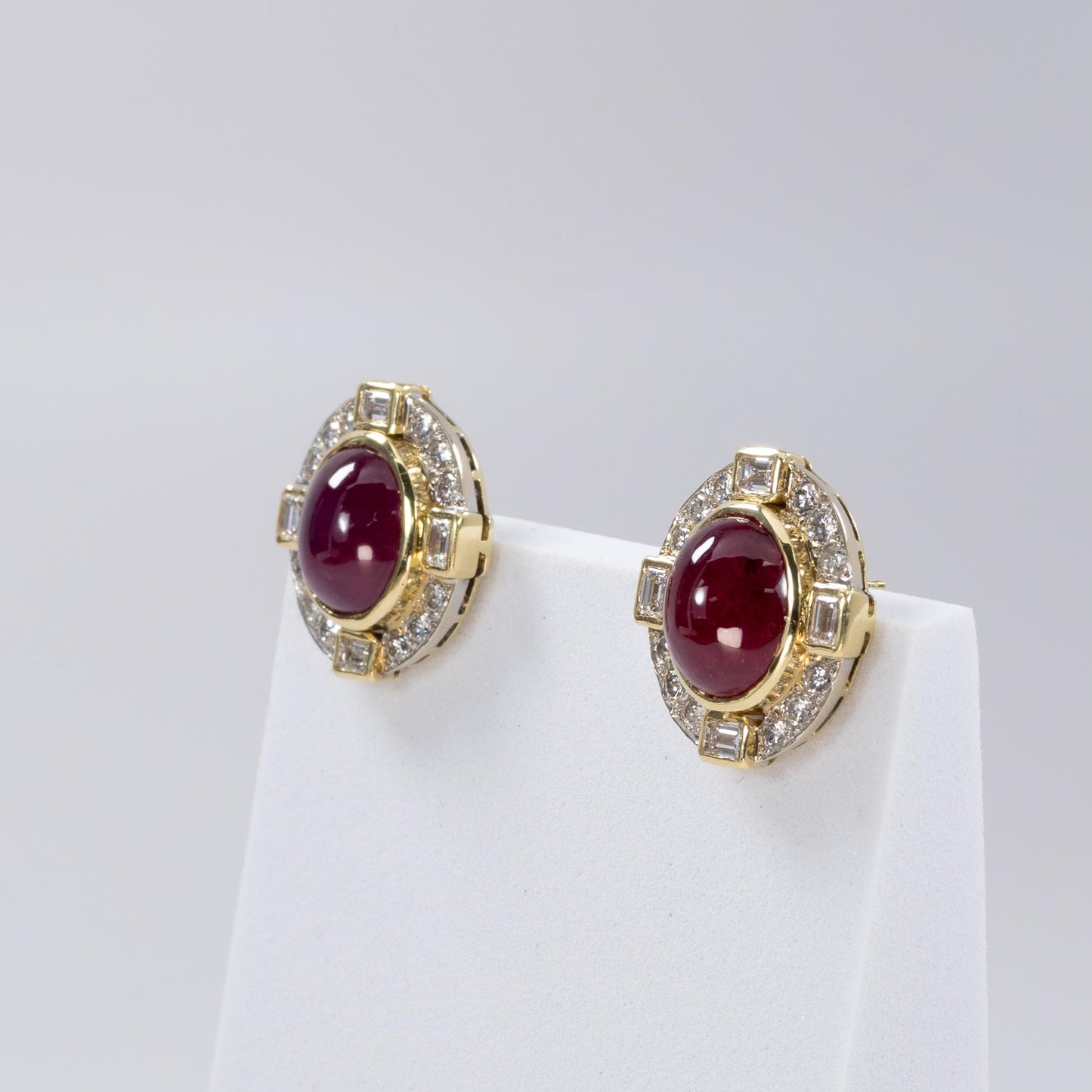 Ruby Cabochon Diamond Omega Back Earrings 18K Yellow gold