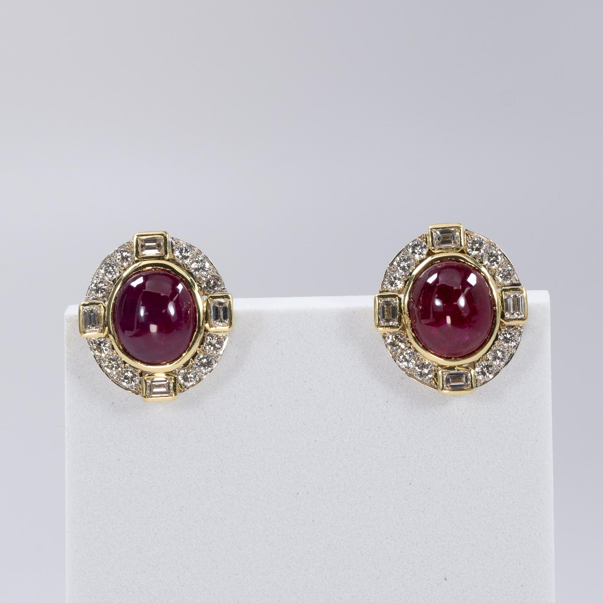 Ruby Cabochon Diamond Omega Back Earrings 18K Yellow gold