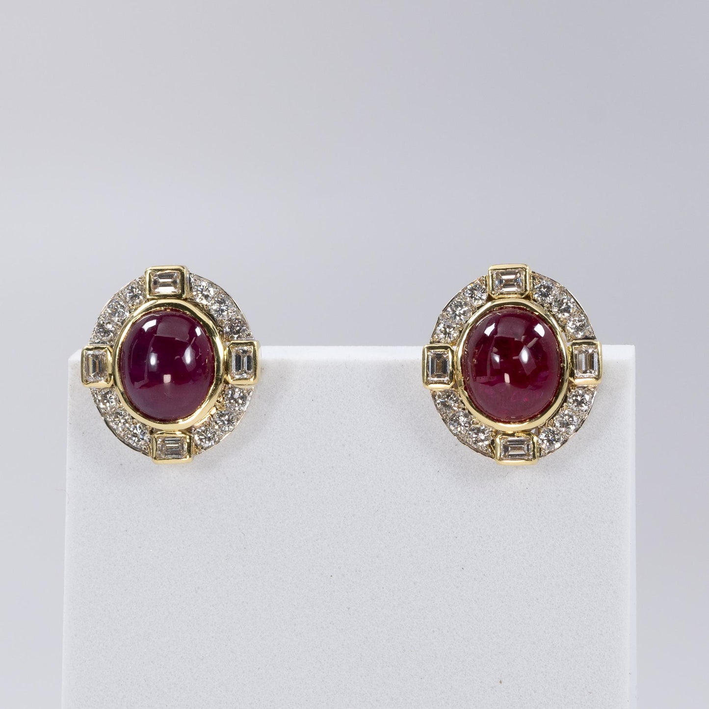 Ruby Cabochon Diamond Omega Back Earrings 18K Yellow gold