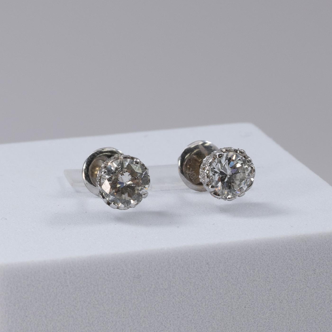 1.75ctw Vintage Old European Cut Diamond Studs in 18k White Gold