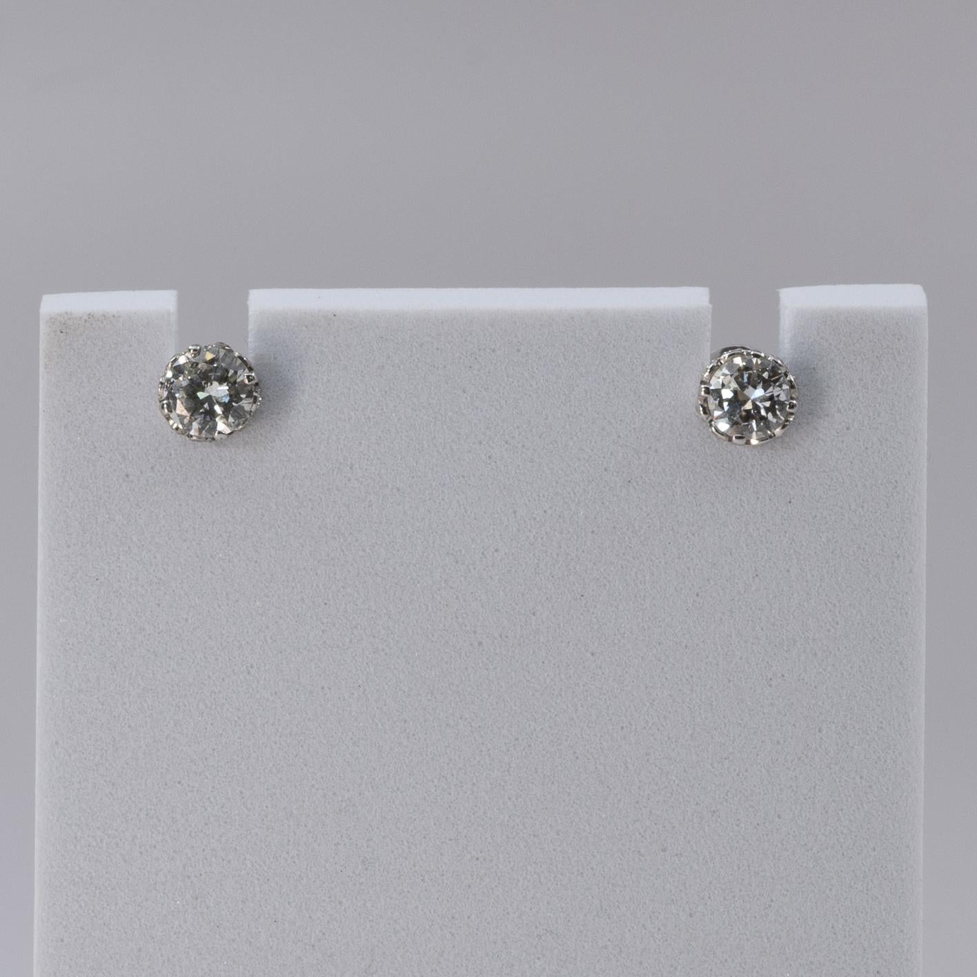 1.75ctw Vintage Old European Cut Diamond Studs in 18k White Gold