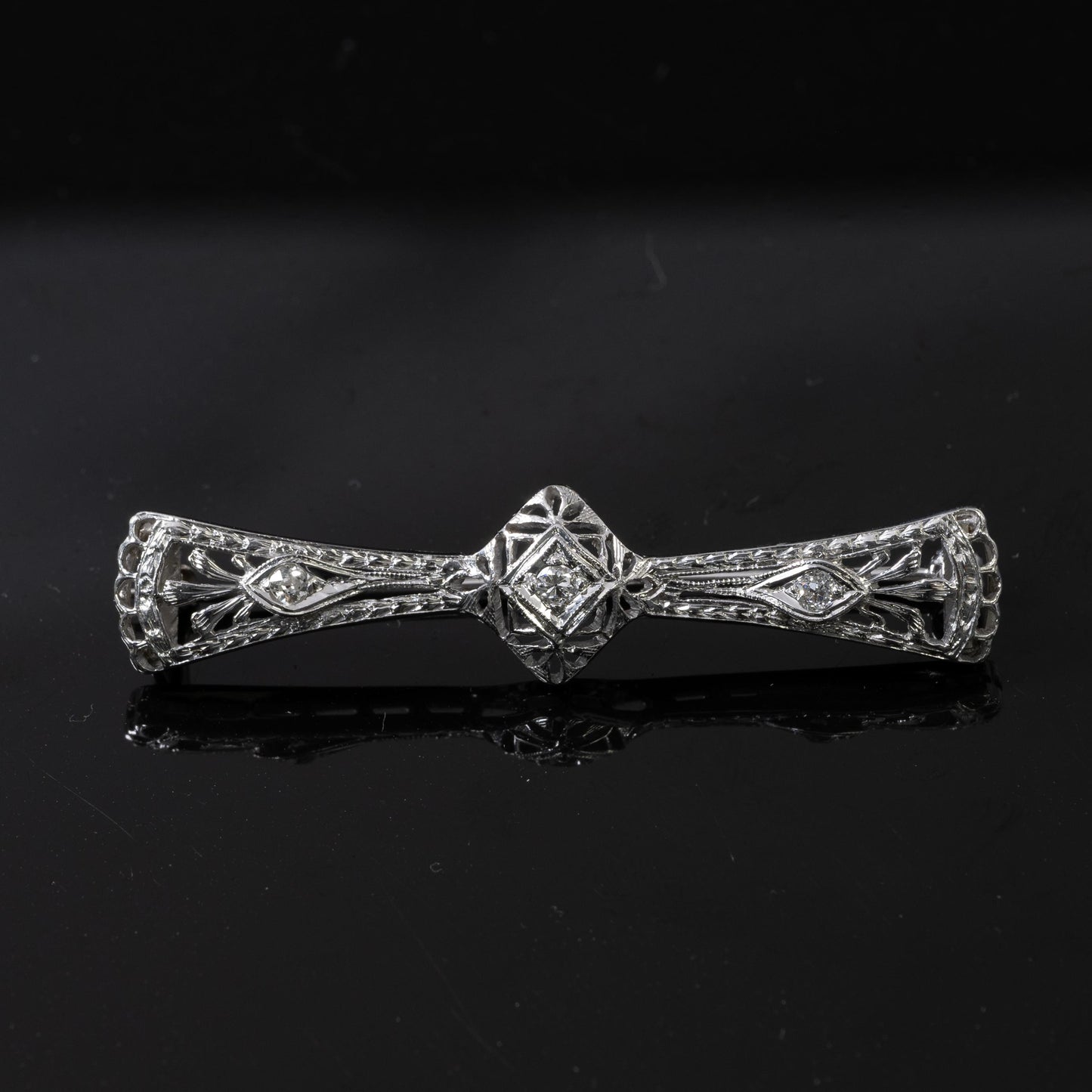 Art Deco Diamond Filigree Brooch in 14k White Gold