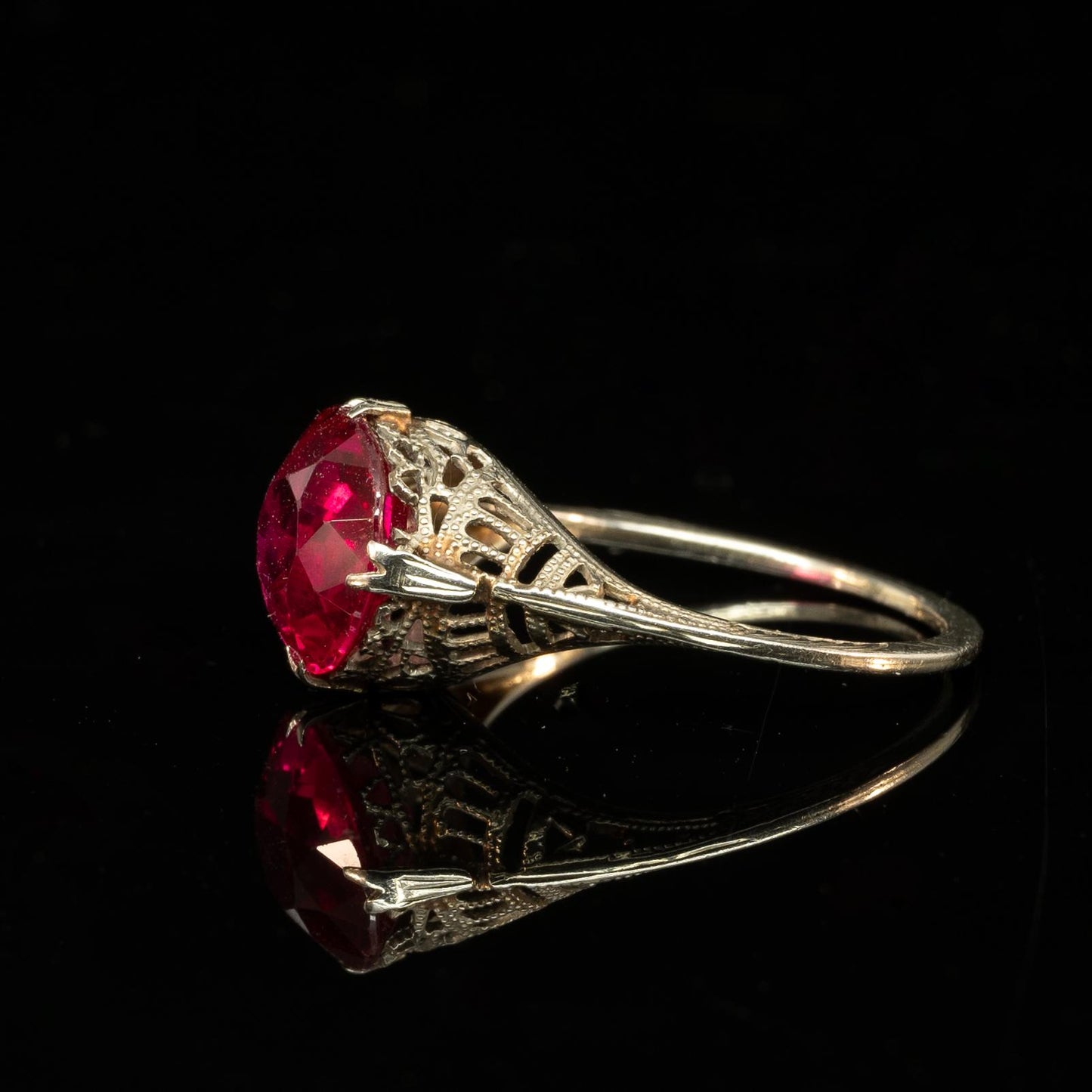 Art Deco 14K White Gold Filigree Open Work Red Gem Solitaire