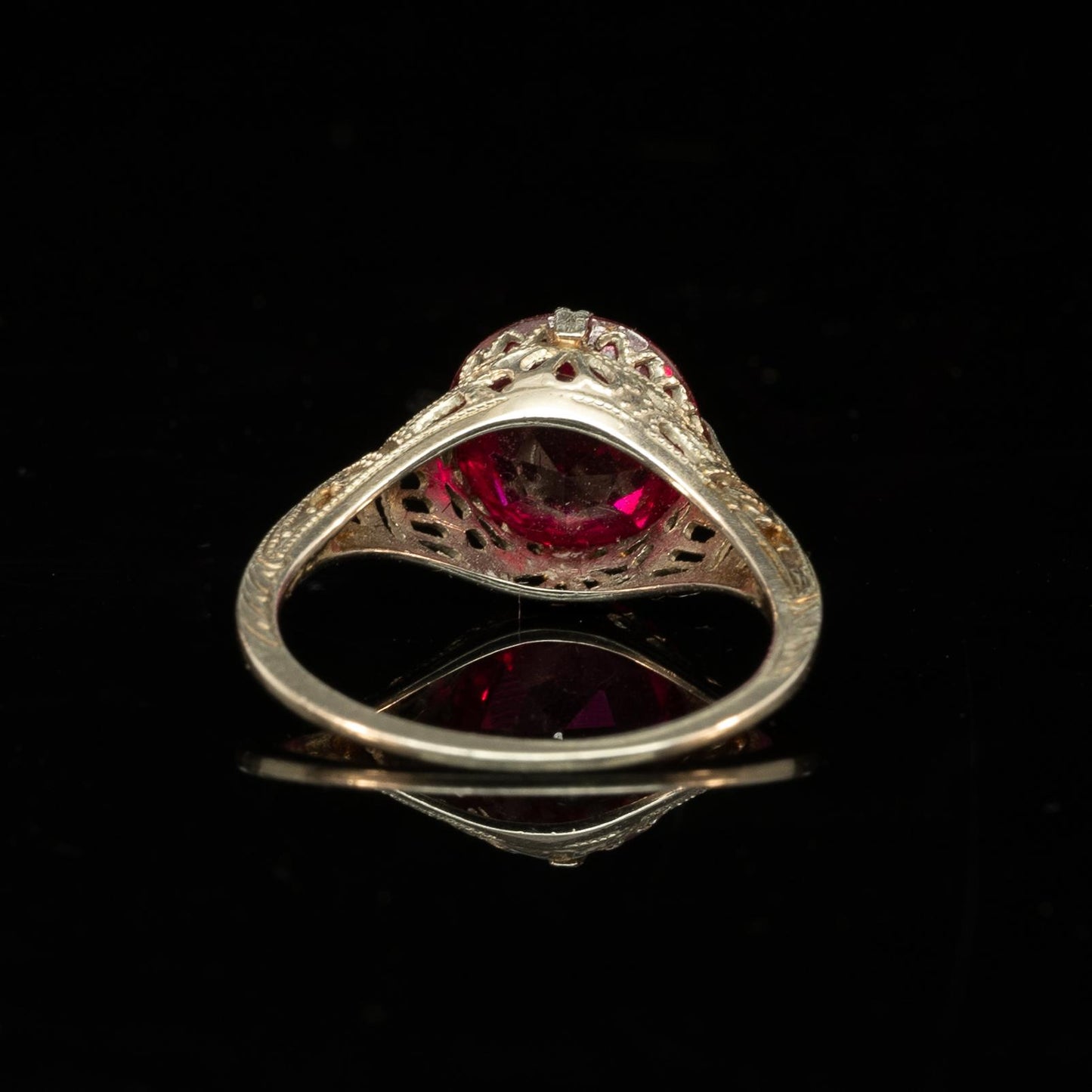 Art Deco 14K White Gold Filigree Open Work Red Gem Solitaire