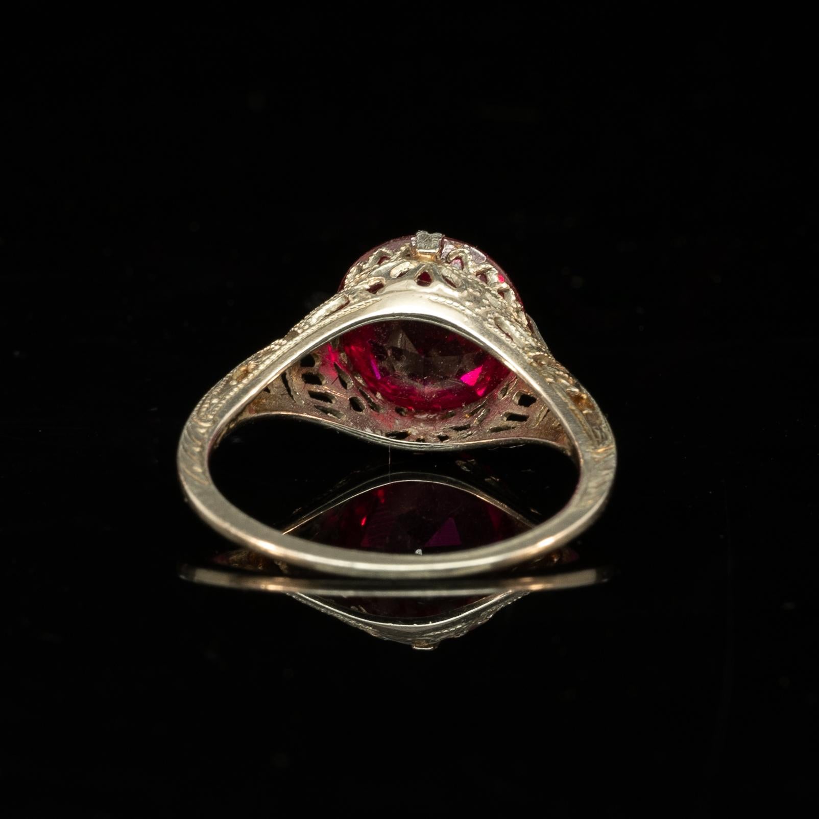 Art Deco 14K White Gold Filigree Open Work Red Gem Solitaire