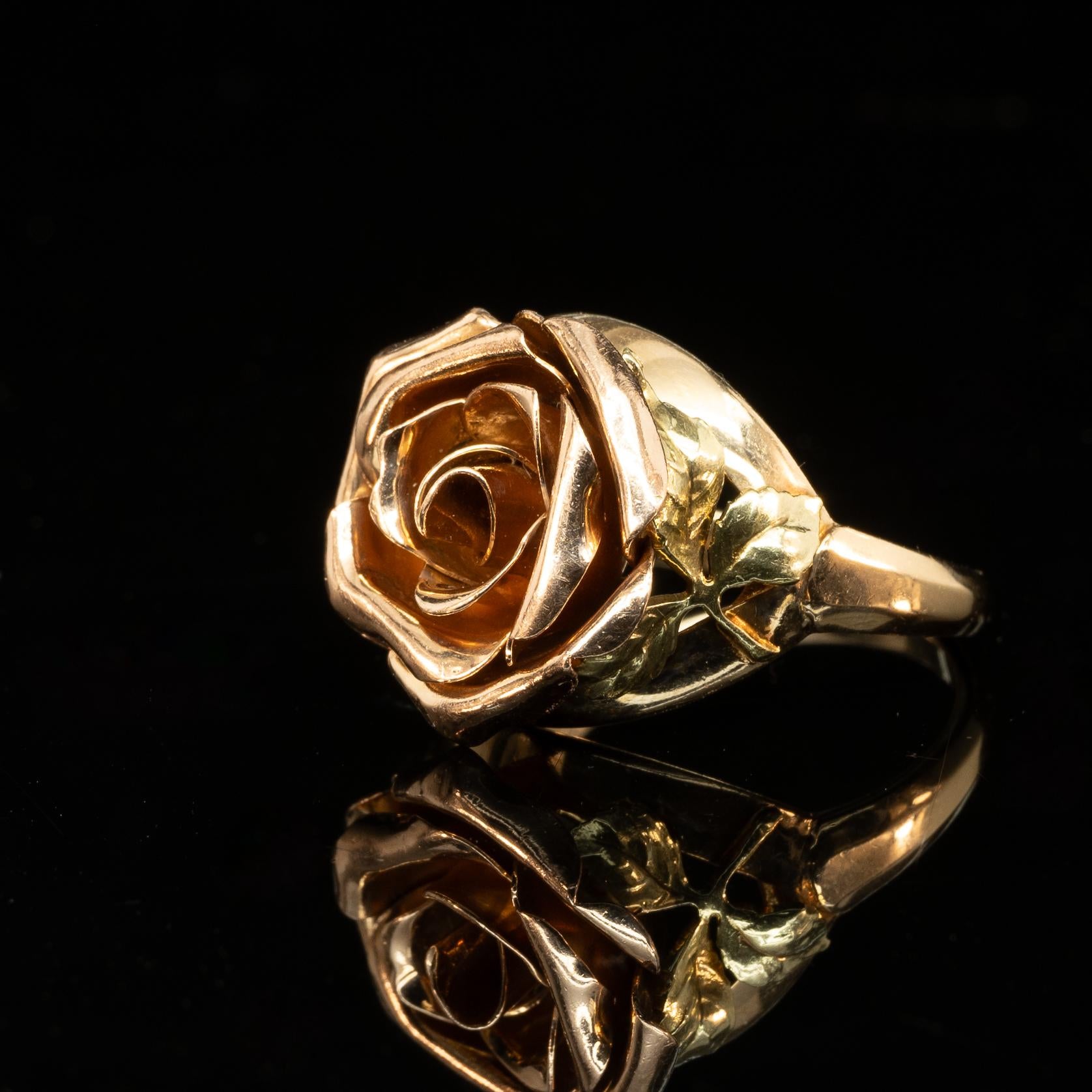 Rose Flower Ring Tri Tone 14K Yellow, Green, and Rose Gold