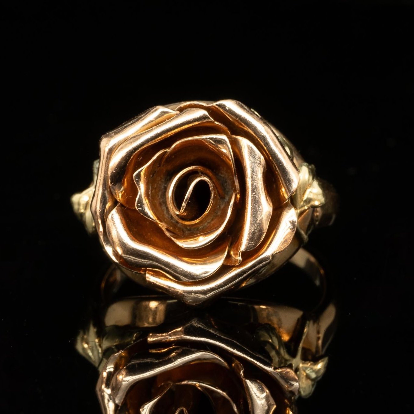 Rose Flower Ring Tri Tone 14K Yellow, Green, and Rose Gold