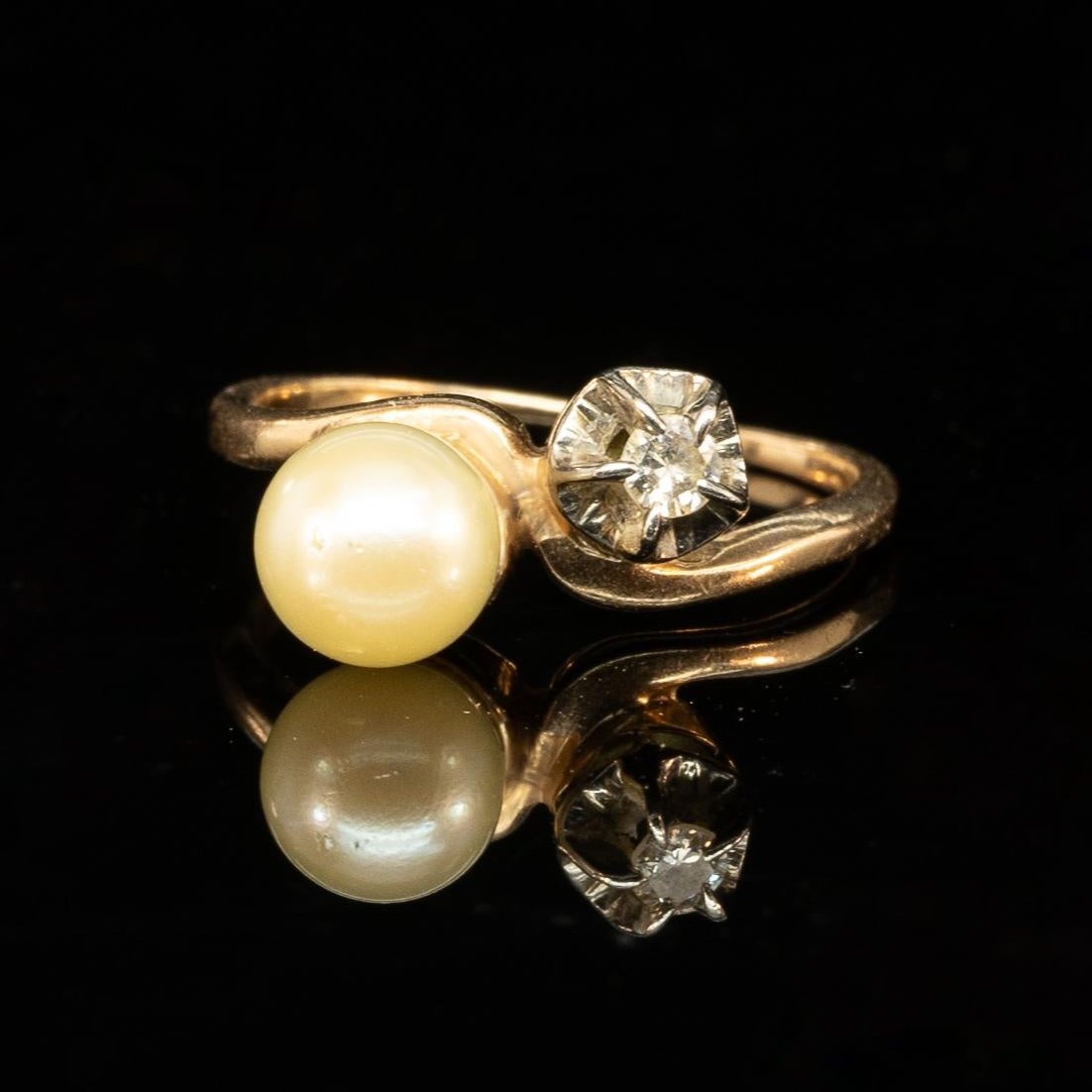 Edwardian Pearl & Diamond Toi et Moi Two Stone 14k Yellow Gold Ring