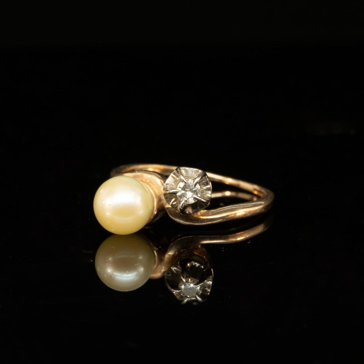 Edwardian Pearl & Diamond Toi et Moi Two Stone 14k Yellow Gold Ring