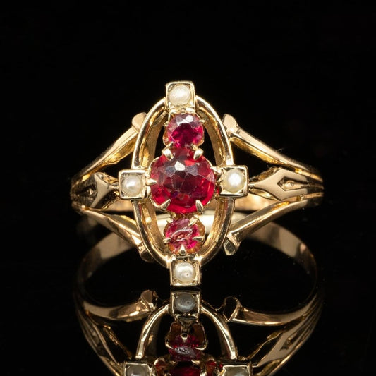 Victorian Garnet and Seed Pearl ring in 10k Yellow Gold