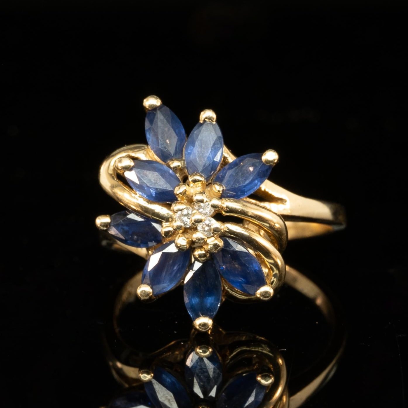 Marquise Blue Sapphire & Diamond Cluster Ring in 14k Yellow Gold