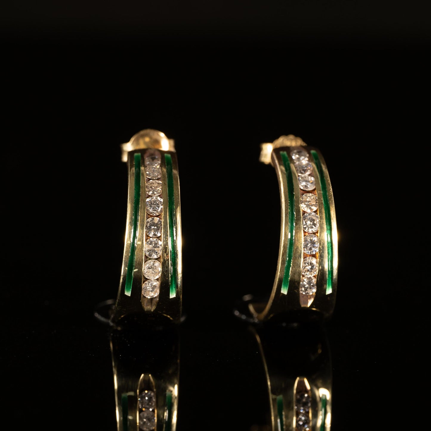 Green Enamel Diamond Channel set J Hook 14k Yellow Gold Earrings