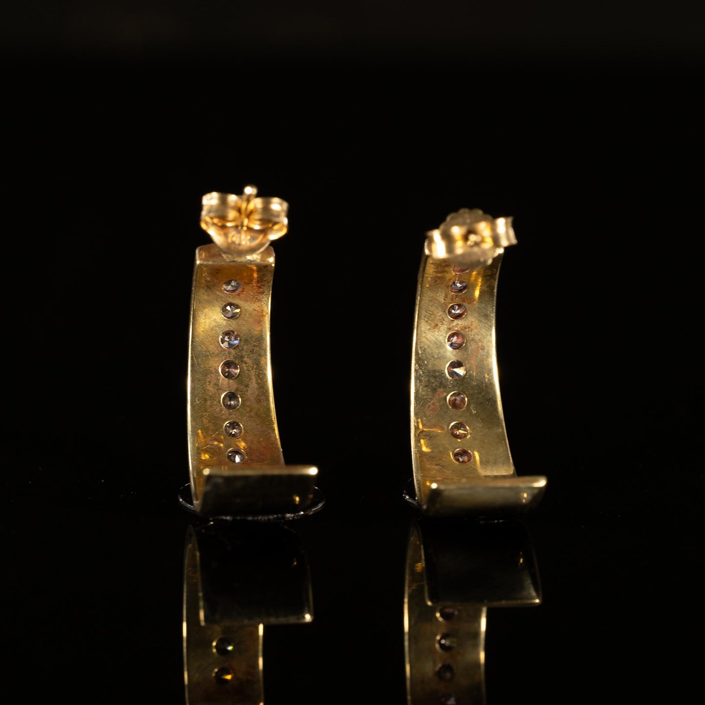 Green Enamel Diamond Channel set J Hook 14k Yellow Gold Earrings