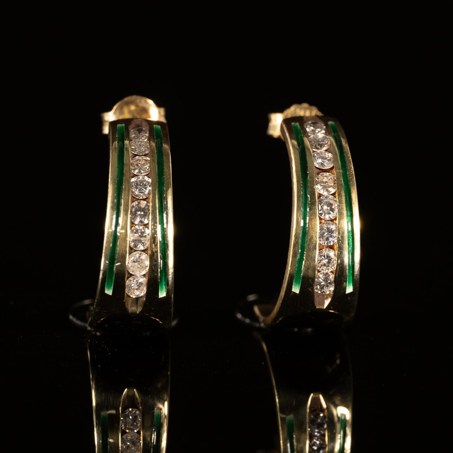 Green Enamel Diamond Channel set J Hook 14k Yellow Gold Earrings