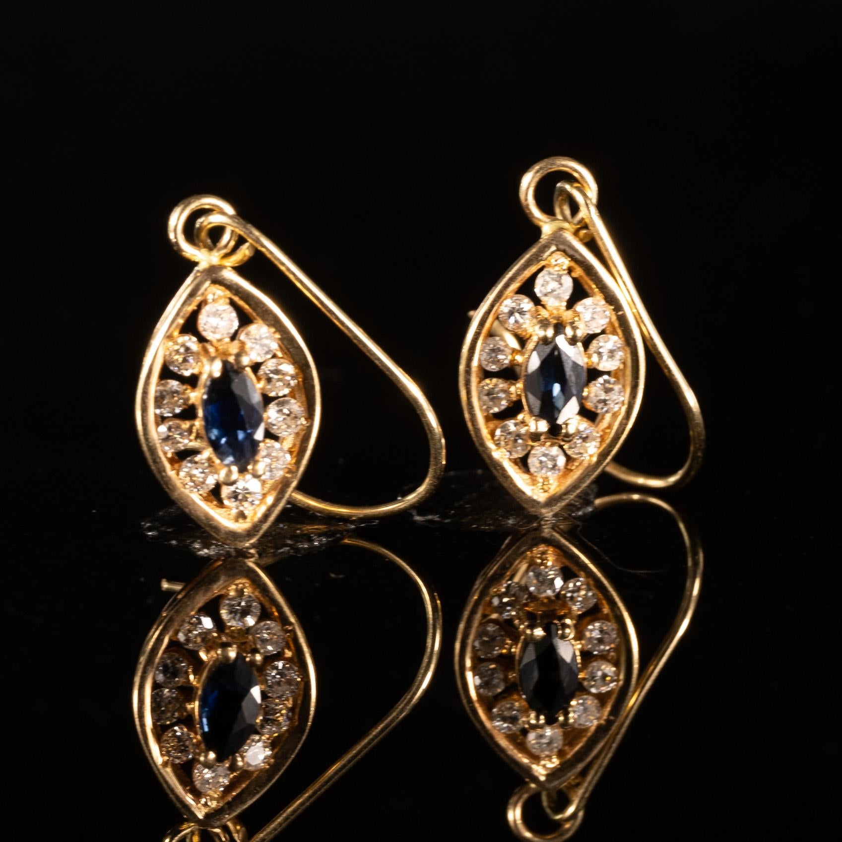 Sapphire Marquise & Diamond Navetter Dangle Earrings in 14k Yellow Gold