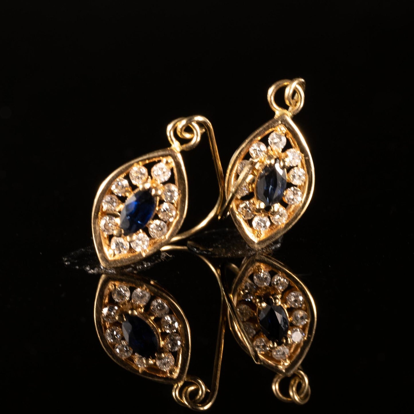 Sapphire Marquise & Diamond Navetter Dangle Earrings in 14k Yellow Gold