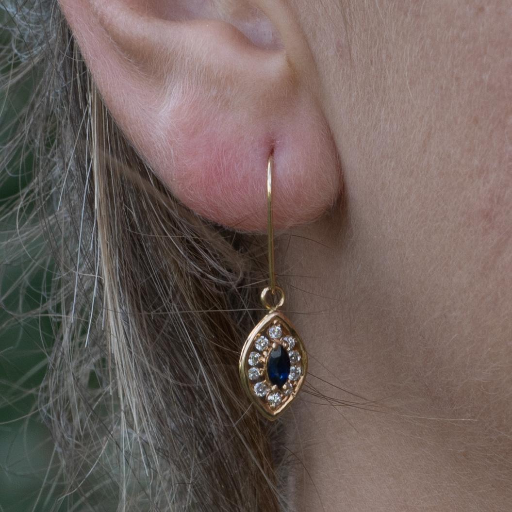 Sapphire Marquise & Diamond Navetter Dangle Earrings in 14k Yellow Gold