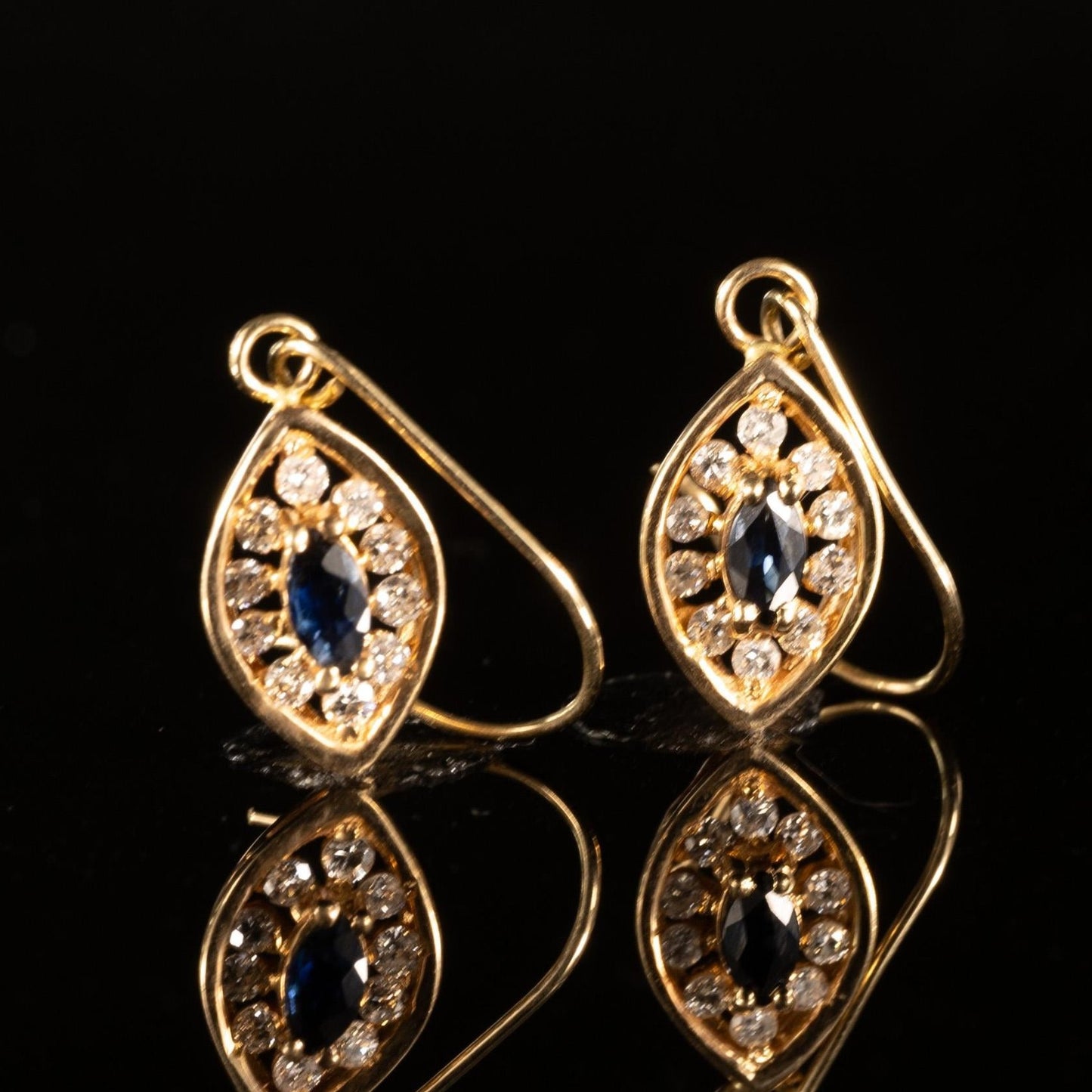 Sapphire Marquise & Diamond Navetter Dangle Earrings in 14k Yellow Gold