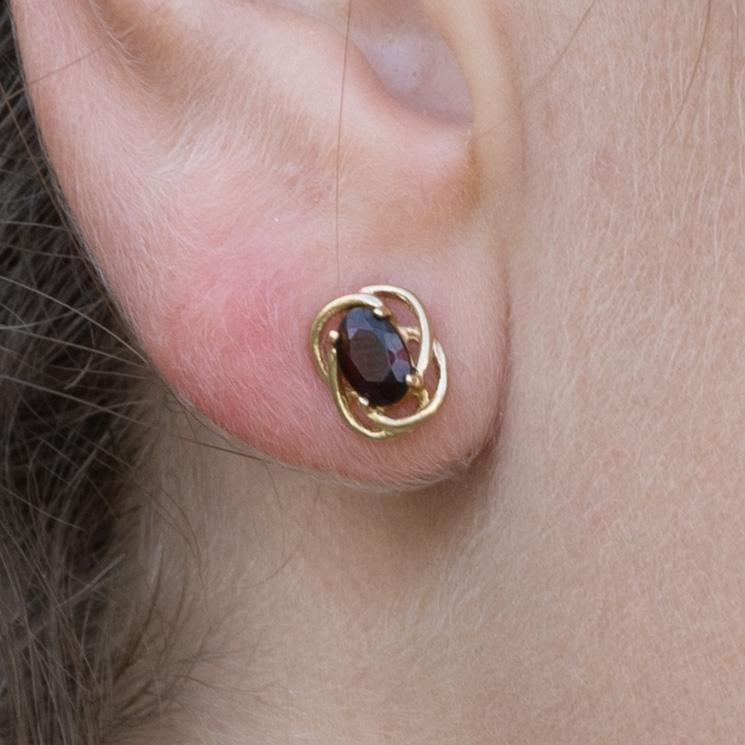 Garnet Oval Gemstone Stud Earrings in 14K Yellow Gold