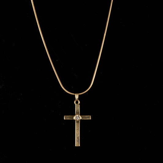 Cross Pendant Bezel Set 1/4ct Diamond 14k Yellow Gold Snake Chain Necklace