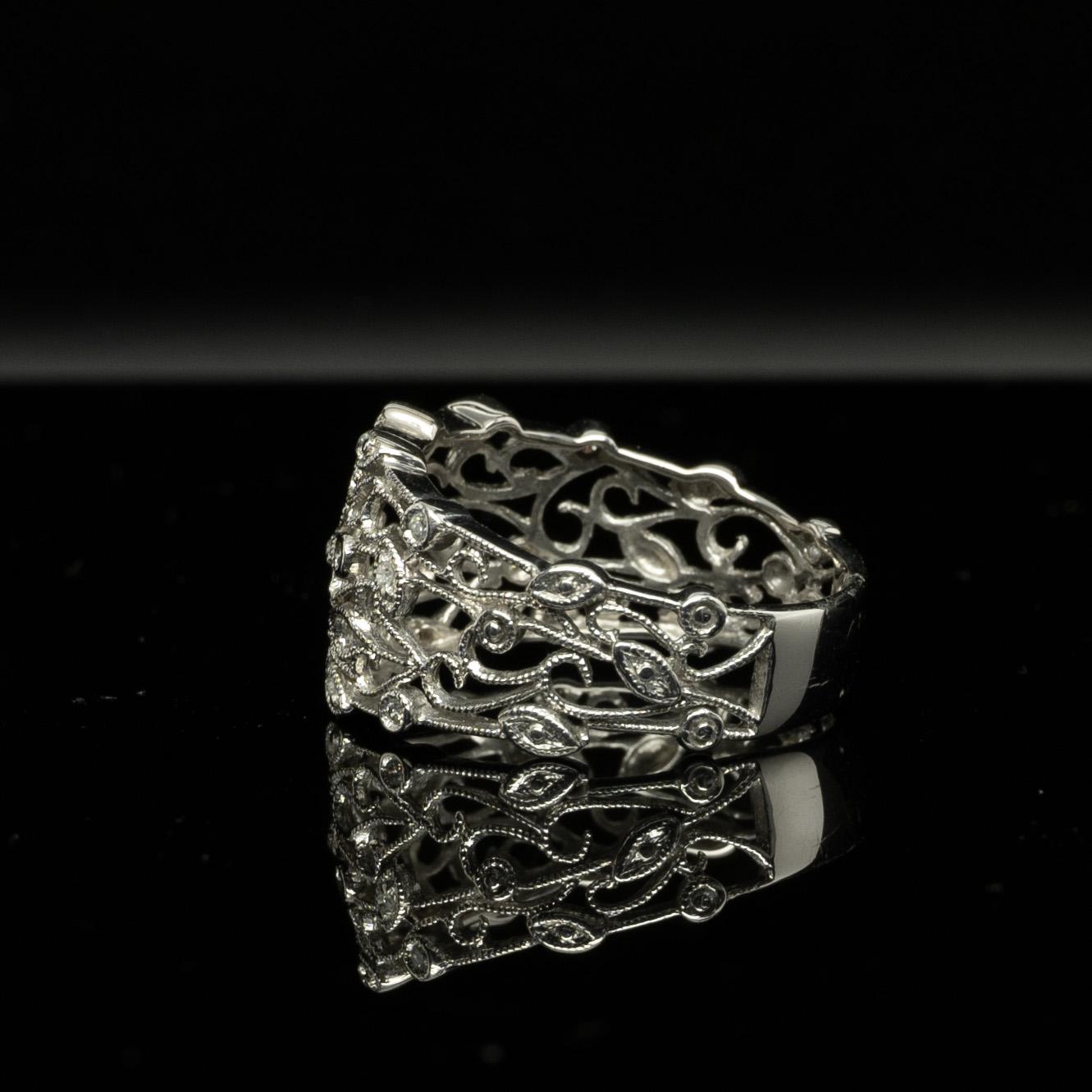 Swirling Diamond Filigree Vine & Leaf Pattern Wide Band 14K White Gold Ring