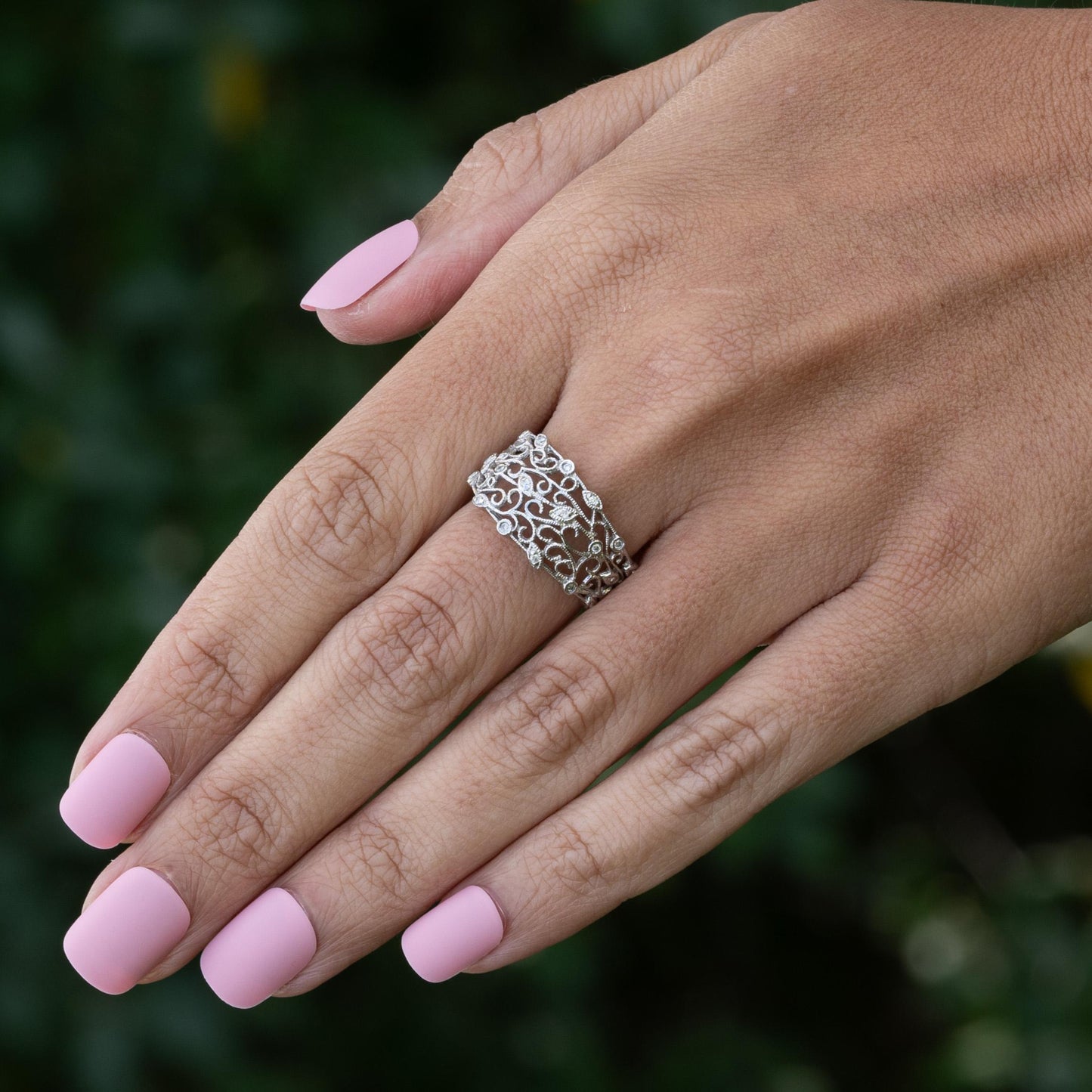 Swirling Diamond Filigree Vine & Leaf Pattern Wide Band 14K White Gold Ring