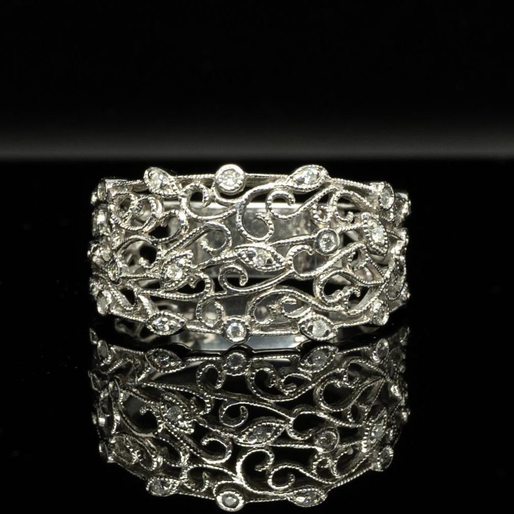 Swirling Diamond Filigree Vine & Leaf Pattern Wide Band 14K White Gold Ring