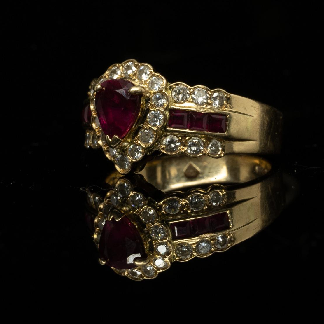 Ruby Pear w Diamond Halo 18K Gold Ring