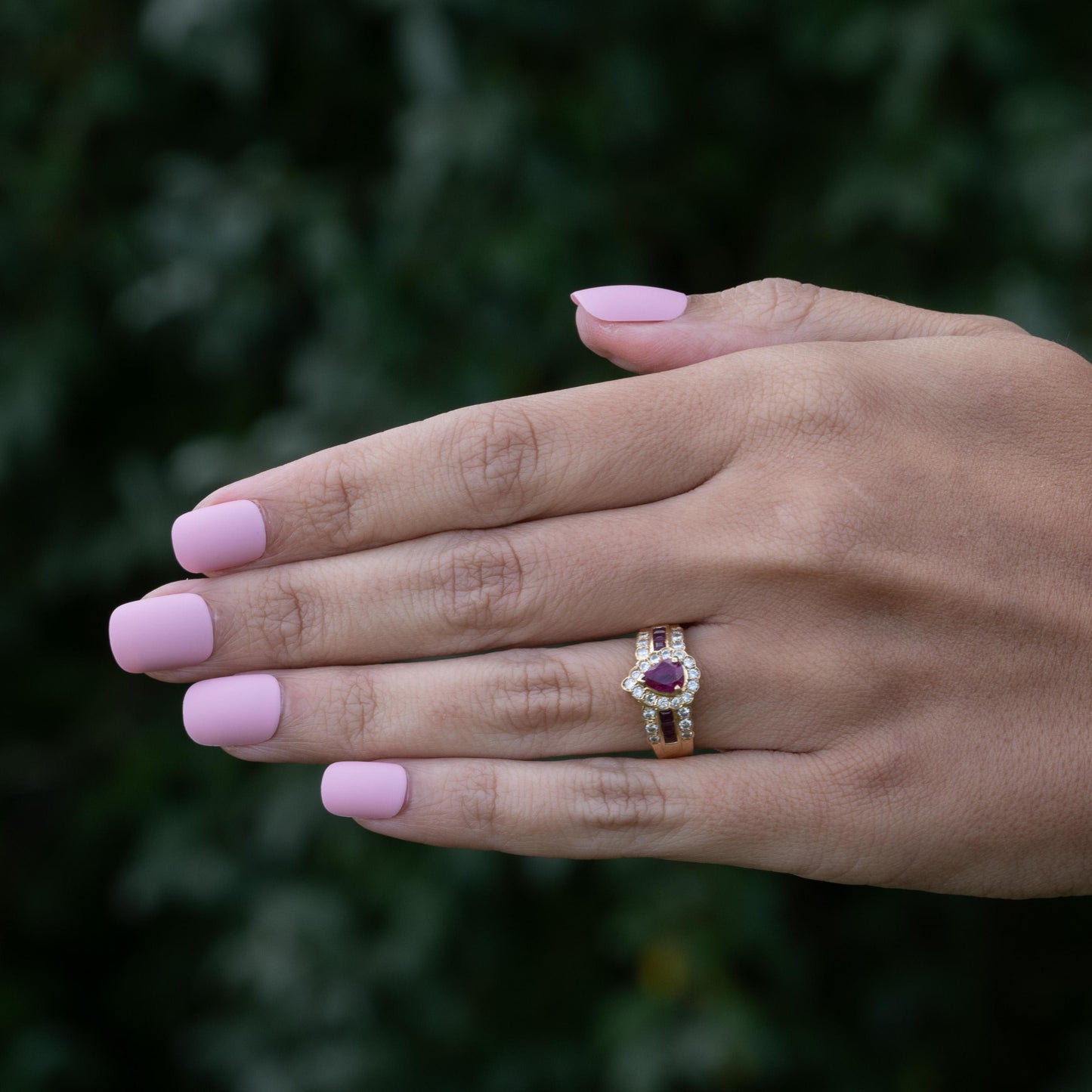 Ruby Pear w Diamond Halo 18K Gold Ring