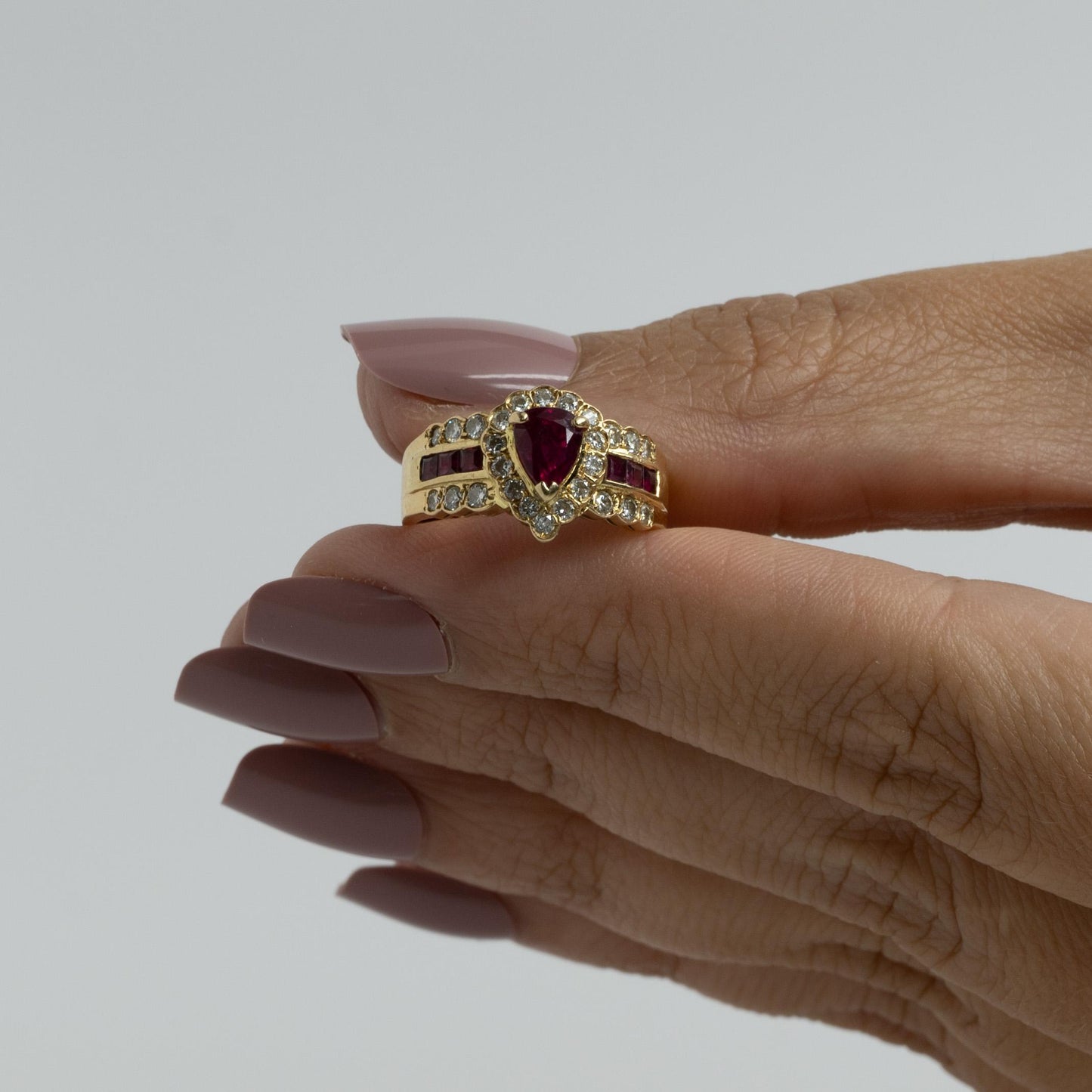 Ruby Pear w Diamond Halo 18K Gold Ring