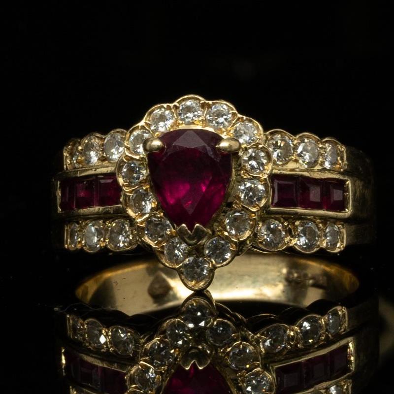 Ruby Pear w Diamond Halo 18K Gold Ring