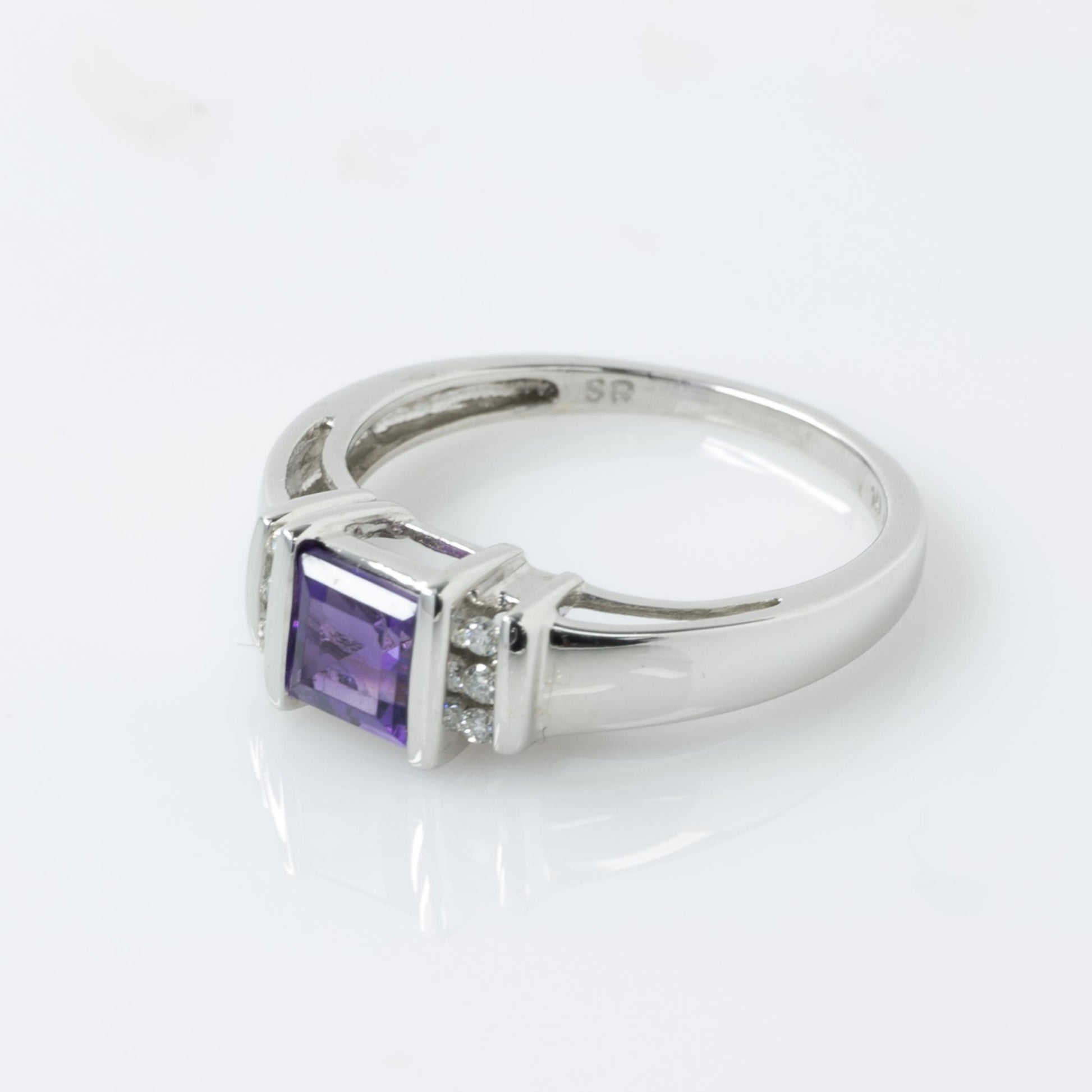 Purple Amethyst Square Step Cut w Round Diamonds 14k White Gold Ring