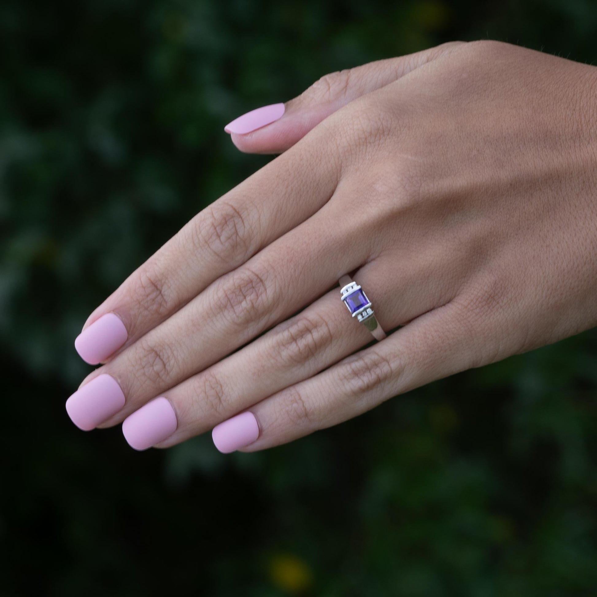 Purple Amethyst Square Step Cut w Round Diamonds 14k White Gold Ring