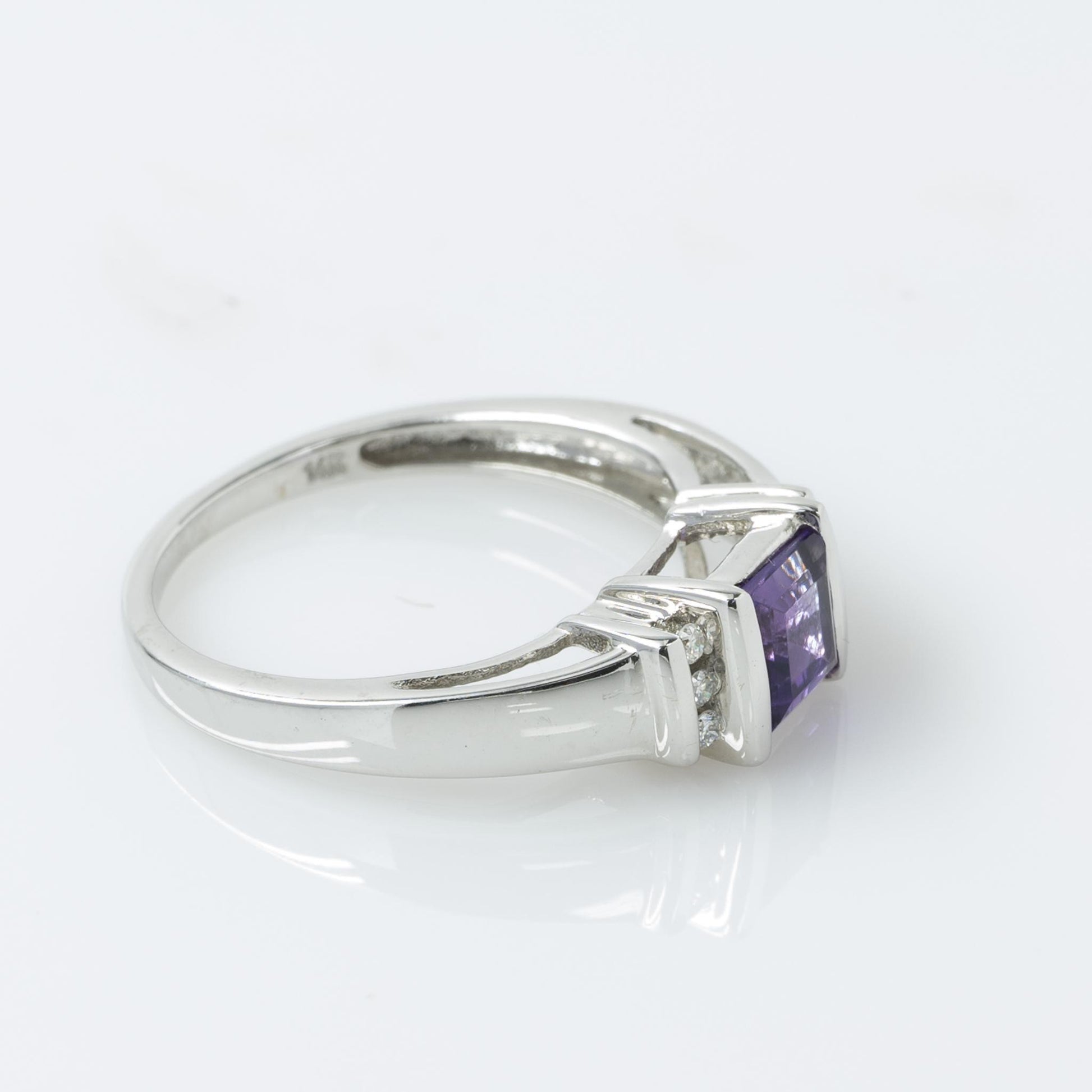 Purple Amethyst Square Step Cut w Round Diamonds 14k White Gold Ring