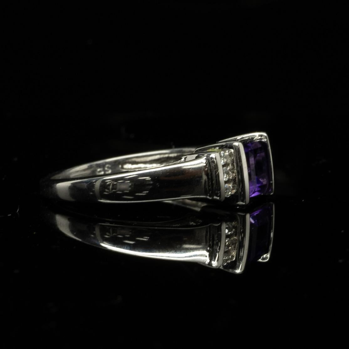 Purple Amethyst Square Step Cut w Round Diamonds 14k White Gold Ring