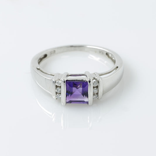 Purple Amethyst Square Step Cut w Round Diamonds 14k White Gold Ring